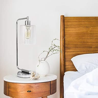 Simple Designs LD1036-CHR Bronson Antique Style Industrial Iron Lantern Desk Bedside Glass Shade Table Lamp, Chrome - Image 4
