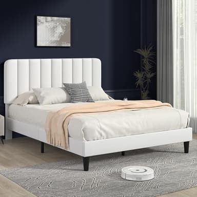 VECELO Full Size Bed Frame with Upholstered Headboard, Velvet Platform Bedframe Mattress Foundation, Strong Wood Slat Support, No Box Spring Needed,White - Image 2