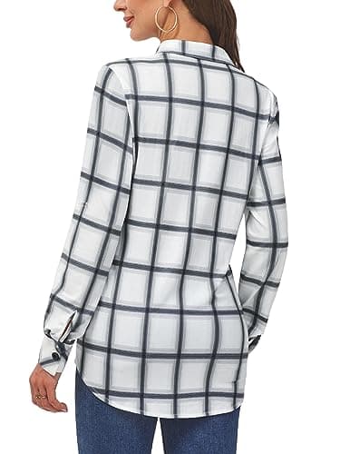 DJT Womens Soft Stretchy Knit Button Down Shirts for Women Roll Up Long Sleeve Going Out Tops Plaid Shirt Blouses Medium White Plaid - Image 4