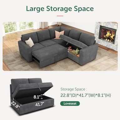 HONBAY Modular Sectional Sleeper Sofa with Pull Out Bed, Corduroy L Shaped Couch with Storage Seats, Convertible Sectional Couches for Living Room, Dark Grey - Image 3