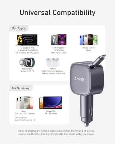 Anker USB-C Car Charger, 75W Max Ultra-Compact Type-C Fast Car Charger with Built-in Retractable Cable Car Adapter for iPhone 15/14 Series, Samsung S24/S23, MacBookPro/Air, iPad, and More - Image 6