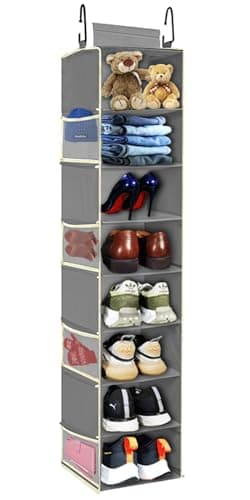 roomtalk Large-Sized Hanging Shoe Organizer 8-Shelf, Hanging Closet Organizer with 8 Side Pockets, Wider Hanging Shelves for Storage Shoes Clothes 9" W × 11.8" D× 48" H, Grey - Image 1