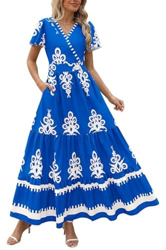 PRETTYGARDEN Womens 2025 Summer Casual V Neck Boho Maxi Dress Flowy Aline Bell Sleeve Tiered Floral Dresses with Pocket (Floral Royal Blue White,Medium) - Image 1
