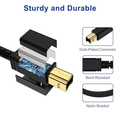 USB Printer Cable,USB A to B Scanner Cables Printer Cord High Speed USB 2.0 Type B Nylon Braided Long Midi Cable 6FT for HP Canon Samsung Dell Epson Xerox Digital Piano MIDI Controller Laptop Computer - Image 6