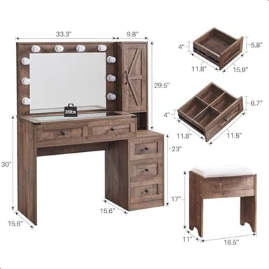 JXQTLINGMU Farmhouse Vanity Makeup Desk with Charging Station, 43" W Vanity Desk with Lights Mirror and Drawers for Makeup, Big Modern Makeup Table Set with Stool for Bedroom, Light Brown - Image 6