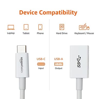 Amazon Basics USB-C to USB-A 3.1 Gen1 Female Adapter Cable Converter, 5Gbps High-Speed, USB-IF Certified, for Laptops, Tablets, Phones (iPhone 16/15), White - Image 4