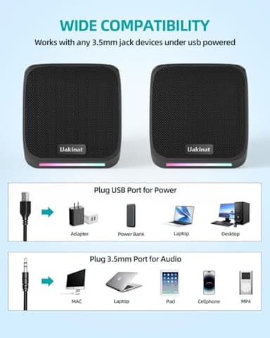 Uakinat Computer Speakers,Computer Speakers for Desktop PC,Desktop Speakers,Small Computer Speakers USB Powered 3.5mm Aux Speaker for PC,Laptop,Tablet,Phone - Image 3