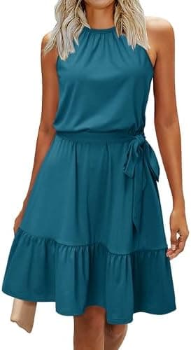 Newshows Womens 2025 Summer Dress Halter Wedding Guest Casual Beach Vacation Outfits Belted Sundresses with Pockets - Image 2