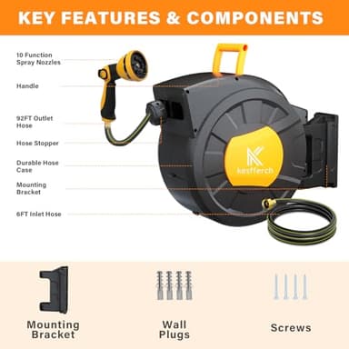 Retractable Hose Reel, 1/2 Inch x 98 FT Compact Water Hose Reel Wall Mounted Garden Hose Reel with 10 Pattern Nozzles, Any Length Lock, Slow Rewind Storage, 180°Swivel Bracket - Image 2