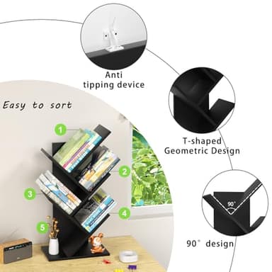 SHEEPAM 5 Tier Tree Book Shelf, Small Desktop Bookshelf with Storage Organizer, Wood Bookcase, Desk Display Bookshelves, Floor Standing Organizer Bookcases for Living Room,Bedroom,Office-Black - Image 7