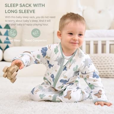 FIEMOL Baby Sleep Sack 12-18 Months, Long Sleeve Baby Wearable Blanket 0.5 Tog with Mittens, 2-Way Zipper Toddler Cotton Sleeping Sack for Boy and Girl Green Dinosaur 2 Pack(Large) - Image 2