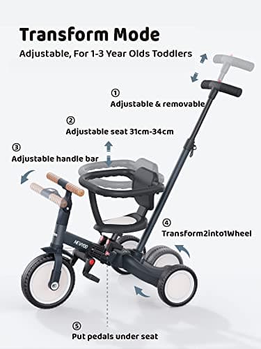 newyoo TR008 Tricycle for Toddlers 1-3, 5 in 1 Baby Balance Bike, Christmas and Birthday Gift for Boy and Girl, Toddler Bike with Parent Push Handle & Safety Guard, Dark Gray, TR008 - Image 5
