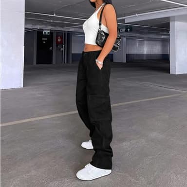 Lepunuo Cargo Pants for Women Baggy Zipper Y2K Pants Light Baggy Jogger Black - Image 3