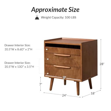 HULALA HOME Nightstand with Charging Station, Mid-Century Modern 2 Drawer and Open Shelf Bedside Tables, Wood Night Stand with USB Ports and Outlets for Bedroom, Acorn - Image 2