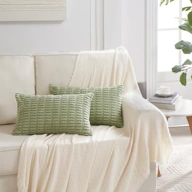 Fancy Homi 4 Packs Sage Green Decorative Throw Pillow Covers 12x20 Inch for Living Room Couch Bed Sofa, Rustic Farmhouse Boho Home Decor Soft Plush Striped Corduroy Square Cushion Case 30x50 cm - Image 7