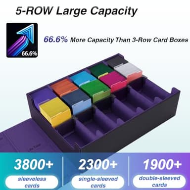 Venssu 5 Row Trading Card Storage Box With Dual-Function Playmat Lids, 3800+ Mtg Deck Box With 24 Colorful Divider Tabs, Compatible with Magic Cards (Black and Purple) - Image 3
