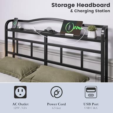 HAVONIZD Full Bed Frame - Storage Headboard with Charging Station & Galaxy Aurora Projector, 14 Inch Sturdy Metal Platform Bed Frame No Box Spring Needed, Easy Assembly, No Noise, Black - Image 3