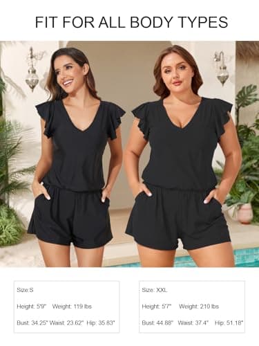 Smismivo Swim Romper with Built in Bra and Pockets Swim Dress for Women Swimwear Modest One Piece Swimsuit with Shorts Ruffle Sleeve Full Coverage Bathing Suit Swimming Suits 2025 (Black) - Image 6