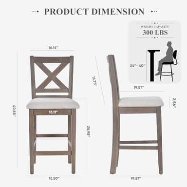 Upholstered Counter Height Bar Stools Set of 4, Modern Kitchen Island Barstools Chairs with Cross Back and Wood Legs for Dining Room Bar, Light Brown Wash - Image 2