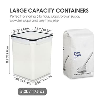 Vtopmart 4 PCS Large Food Storage Containers 5.2L / 175oz, 4 Pieces BPA Free Plastic Airtight Canisters for Flour, Sugar, Baking Supplies, Rice with Lids, 4 Measuring Cups and 24 Labels, Black - Image 2