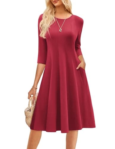GRACE KARIN Midi Dresses for Women 2025 Casual 3/4 Sleeve Dress A Line Fit and Flare Fall Dresses Dark Red L - Image 1