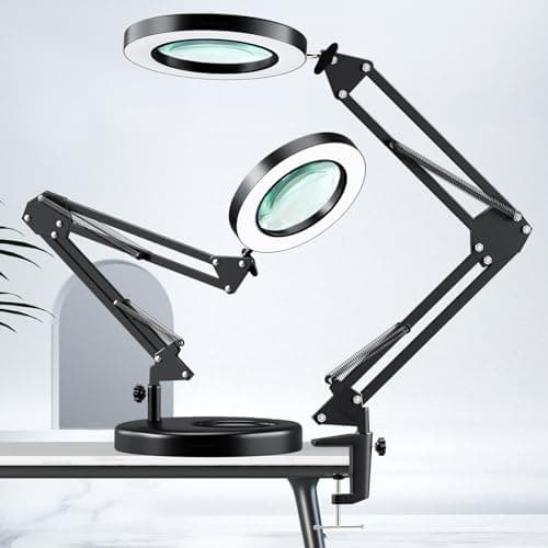 HITTI 10X Magnifying Glass with Light, 1,800 Lumens Stepless Dimmable, 3 Color Modes, 4.2″ Real Glass Lens LED Magnifying Desk Lamp & Clamp, Magnifier Light and Stand for Crafts Welding Close Work - Image 1