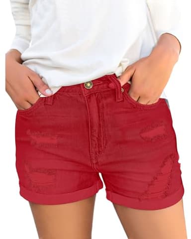 Luvamia Women's Ripped High Waisted Denim Shorts - Stretchy Cuffed Hem Jean Shorts in Red, Size Large/12/14 - Image 1