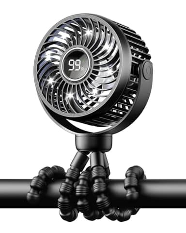 Bearwind Mini Portable Stroller Fan for Travel,360° Rotation,4-Speed LED Night Light Clip on Fans Operated by Rechargeable Battery, Baby Essentials for Car Seat Beach Bed Golf Cart (Black) - Image 1