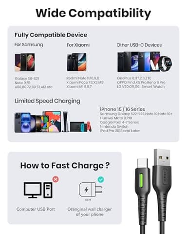 INIU USB C Cable, 5-Pack [1.6/3.3/6.6 ft] 3.1A Fast Charging Type C Cord, Nylon Braided USB A to USB-C Phone Charger Cable for iPhone 16 15 Series Samsung Galaxy S21 S20 S10 Google Pixel 7 6 etc - Image 6
