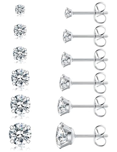 6 Pairs Stud Earrings Set, Hypoallergenic Cubic Zirconia 316L Earrings Stainless Steel CZ Earrings 3-8mm (Steel color) - Image 1