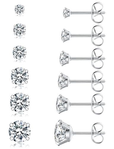 6 Pairs Stud Earrings Set, Hypoallergenic Cubic Zirconia 316L Earrings Stainless Steel CZ Earrings 3-8mm (Steel color) - Image 1