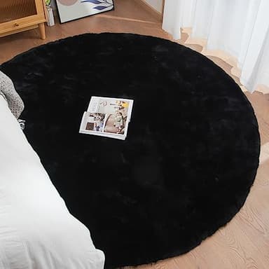 ORINOVA Black Round Rugs 8ft Machine Washable Rabbit Fur Area Rug Large Circle Rugs for Bedroom Faux Sheepskin Rug Cushion Living Room Décor - Image 4