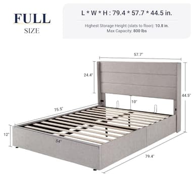 Allewie Full Size Lift Up Storage Bed, Modern Wingback Headboard, Hydraulic Support, No Box Spring Needed, Light Beige - Image 2