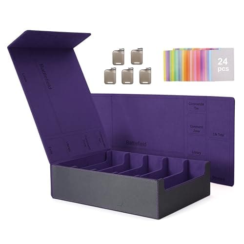 Venssu 5 Row Trading Card Storage Box With Dual-Function Playmat Lids, 3800+ Mtg Deck Box With 24 Colorful Divider Tabs, Compatible with Magic Cards (Black and Purple) - Image 1