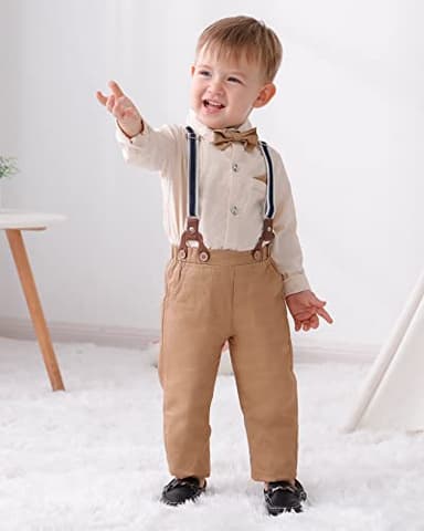 DISAUR Toddler Boy Dress Clothes Apricot Brown Long Sleeve Dress Shirt Bow Tie Suspender Pants Toddler Outfits For Boys 18 Months 2t 24 Months - Image 3