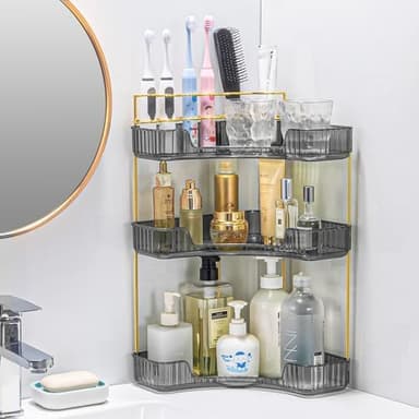 Upgraded 3-Tier Corner Bathroom Countertop Organizer – Spacious Storage for Makeup, Skincare & Perfumes, Built-in Brush Holder Fits Vanity/Dresser/Bsthtub (Slate Gray - Image 4