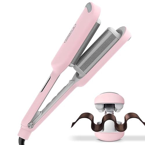 Curling Iron Hair Crimper Waver - TYMO ROVY Beach Waves Curling Wand, Ionic Deep Waver Hair Curler Tool with Ceramic 3 Barrel for Women, Dual Voltage, Anti-Scald, Easy to Use, Pink, 1.25 Inch - Image 1