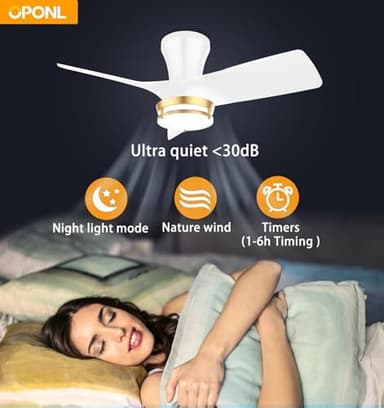 OPONL 30" White low profile Ceiling Fan with Light, with Gold Trim Ring, Large Air Volume, flush mount ceiling fan for Bedroom Kitchen Dining room Patio - Image 5