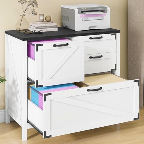 Lateral File Cabinet with 4 Drawers Farmhouse File Cabinet for Letter/Legal/A4 Size Hanging Files, Large Wood File Storage Cabinets Printer Stand for Home Office Cabinet, White and Black - Image 1