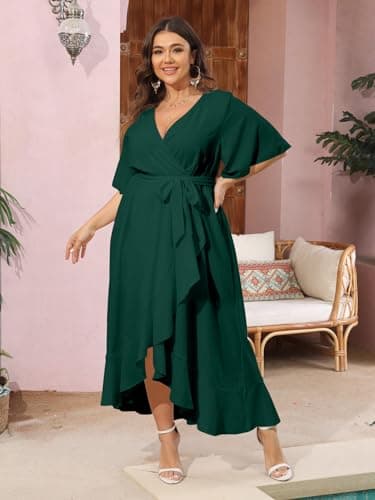SCOMCHIC Women Plus Size Maxi Dress Short Sleeve Wrap V Neck High Low Split Ruffle Long Dress Emerald Green - Image 8