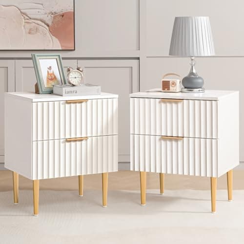 SICOTAS White Night Stand Set 2, Fluted Glossy Nightstand with 2 Drawers, Wide Modern Storage Bedside Table for Bedroom, End Side Table with Golden Metal Legs and Handles (White, 2 Pieces) - Image 1