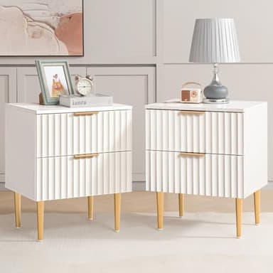SICOTAS White Night Stand Set 2, Fluted Glossy Nightstand with 2 Drawers, Wide Modern Storage Bedside Table for Bedroom, End Side Table with Golden Metal Legs and Handles (White, 2 Pieces) - Image 1