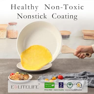 ESLITE LIFE Nonstick Ceramic Frying Pans Skillets Set, Non-Toxic Egg Omelette Kitchen Cooking Pans Compatible with All Stovetops (Gas, Electric & Induction), PTFE & PFOA Free (White) - Image 3