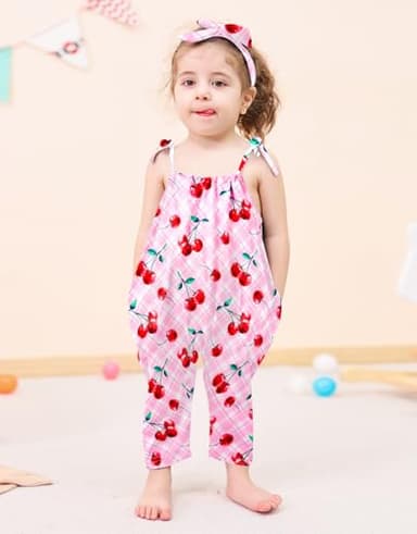 Lindanina 4T Girls Summer Clothes Toddler Red Cherry Romper Jumpsuits Kids Outfits 5T Cute Adjustable Tie-Up Strap One Piece Sleeveless Soft Casual Jumper with Pocket Headband Beach - Image 2