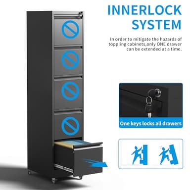 EKJ 5 Drawer Rolling File Cabinet with Lock, Metal Filing Cabinets on Wheels, Vertical Steel Office Drawers Storage for Hanging Legal/Letter Folders, Require Assembly (Black) - Image 4