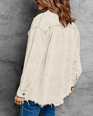 Vetinee Women's Oversized Boyfriend Cannoli Cream Front Button Up Frayed Raw Hem Long Sleeve Pockets Denim Jean Jacket Shacket Large Size 12 Size 14 - Image 2