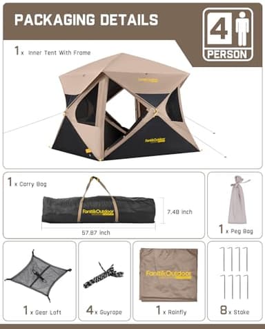 FanttikOutdoor Alpha C4 Ultra Camping Tent 4 Person Pop Up Instant Cabin Setup in 60 Seconds Portable Hub Tent with Rainfly & Windproof for Outdoor Camping & Overlanding, Khaki - Image 7