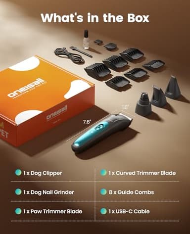 oneisall Quiet Dog Clippers for Grooming LED Light, Cordless Dog Grooming Kit 4 in 1, 2000mAh Pet Clippers Paw Trimmer Nail Grinder for Paw, Nail, Face, Ears, Legs, Body - Image 9