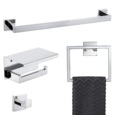 4-Piece Bathroom Hardware Set Chrome Bath Towel Bar Holder Sets Wall Mounted Stainless Steel Square Bathroom Accessory Kit, Polished Chrome 23.6 Inch - Image 1