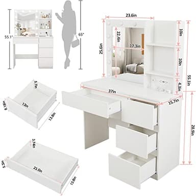 Vabches Makeup Vanity with Lights, 37inch Vanity Desk with Power Strip, 4 Drawers Makeup Table with Lighted Mirror, 3 Lighting Colors, White - Image 7